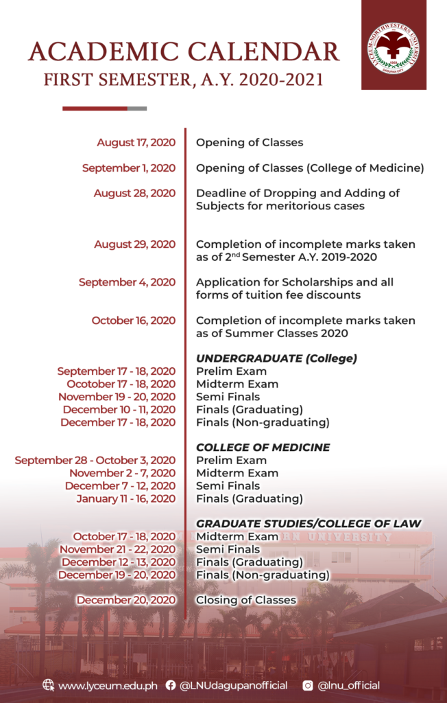 Academic Calendar A Y 2020 2021 Lyceum Northwestern University