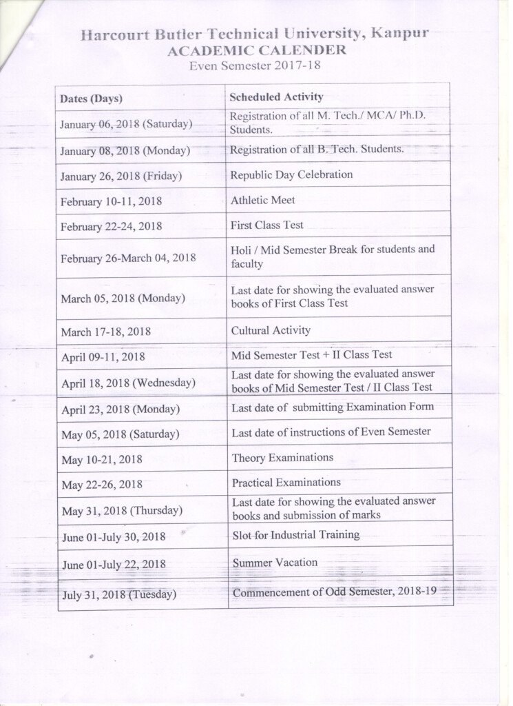 Academic Calendar HBTU KANPUR