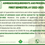 Admission Requirements And Procedures For First Semester AY 2022 2023