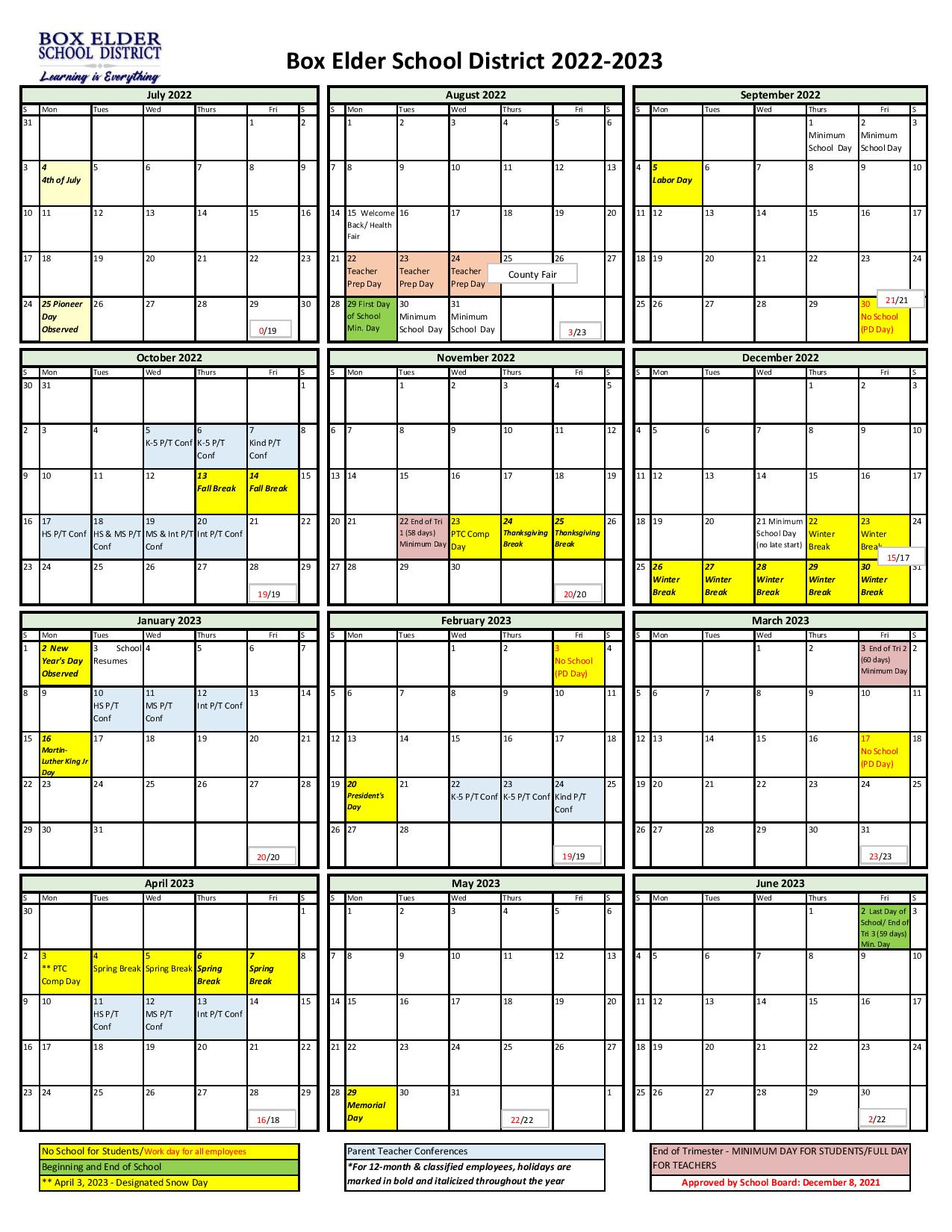 Box Elder School District Calendar 2022 2023 Holidays