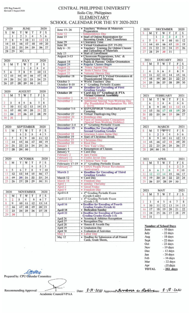 Elementary School Calendar For The SY 2020 2021 Central Philippine 