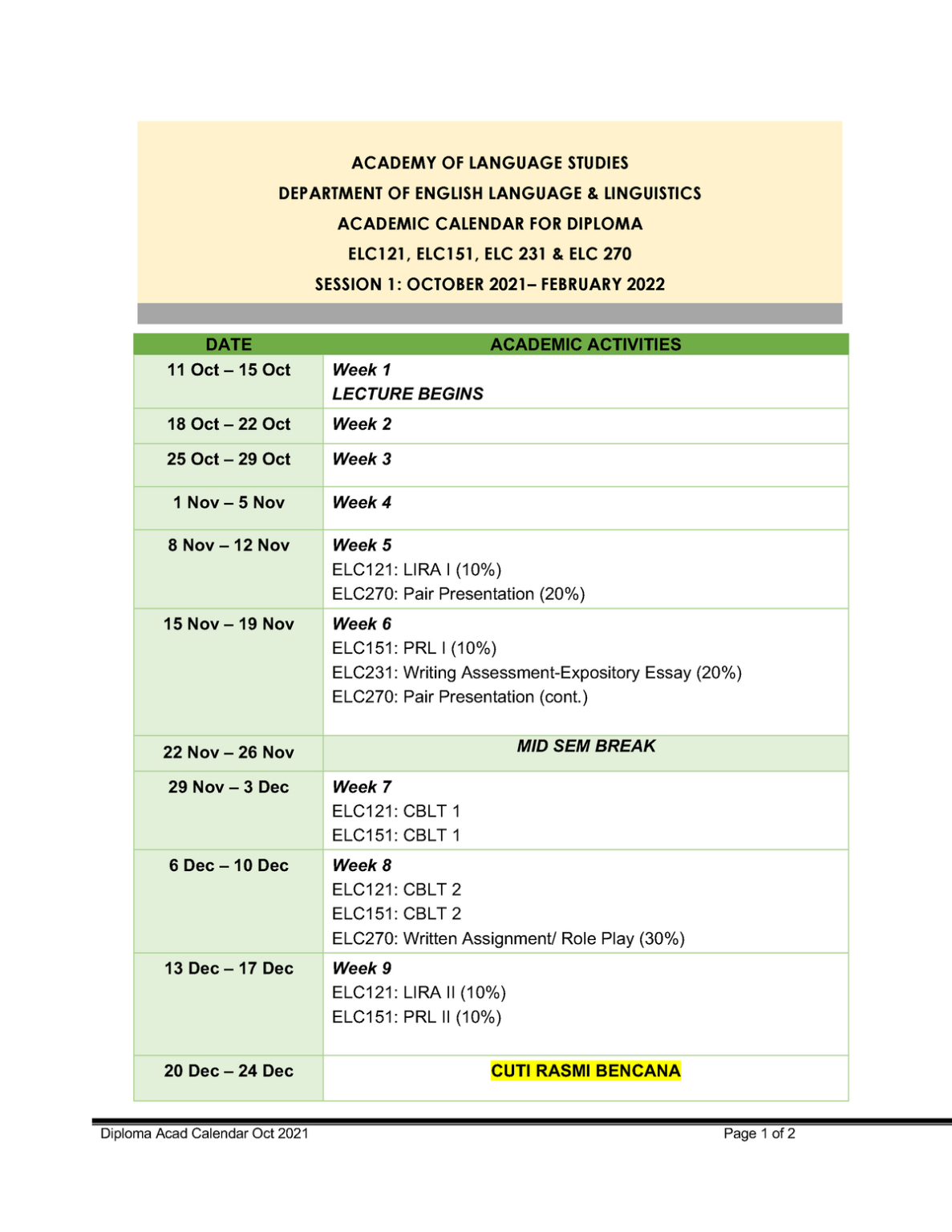 Latest Diploma Academic Calendar OCT2021 FEB2022 Updated Dec