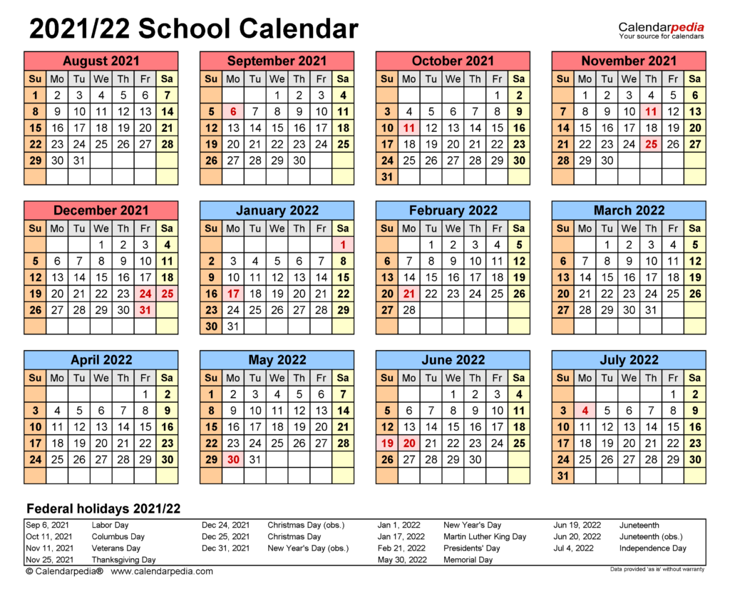 School Calendars 2021 2022 Free Printable PDF Templates