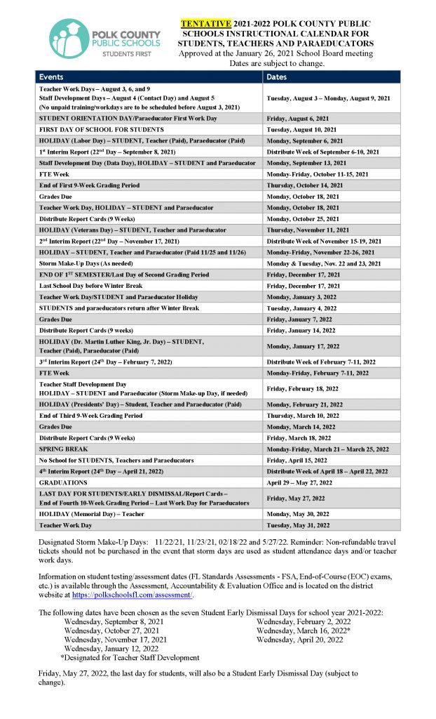 Tentative 2021 22 PCPS School Calendar Now Available Polk County