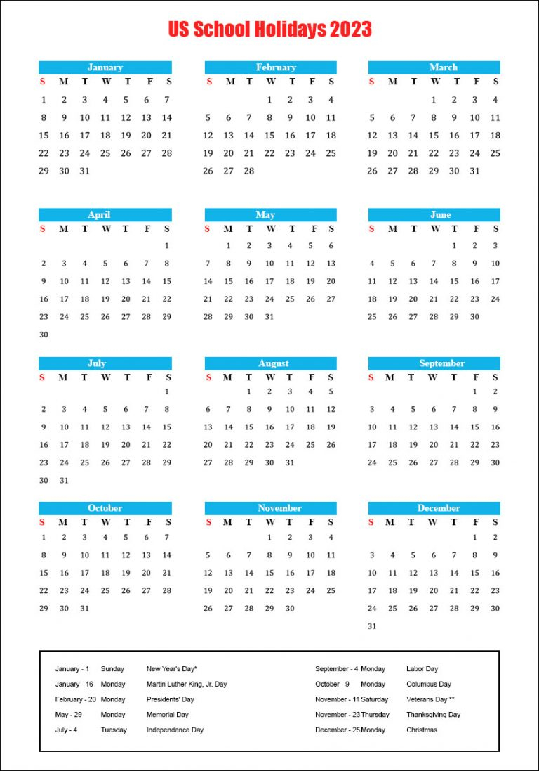 US School Holidays 2023 Calendar American School Holidays ...