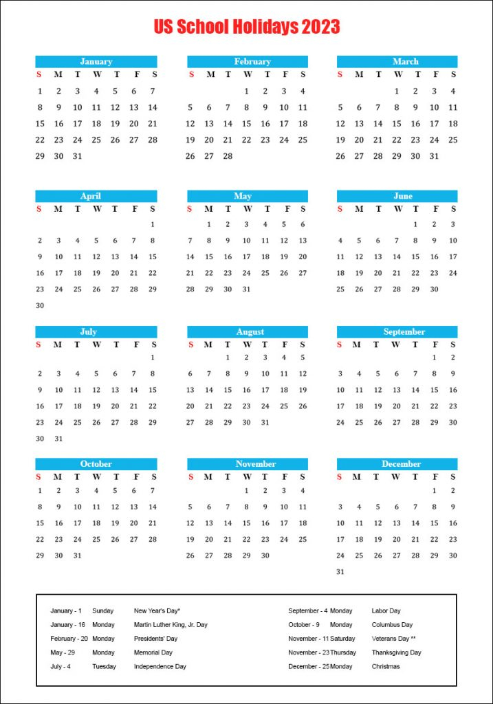 US School Holidays 2023 Calendar American School Holidays