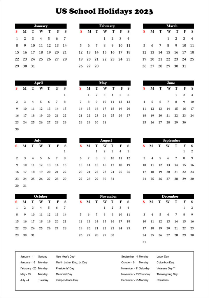 US School Holidays 2023 Calendar American School Holidays