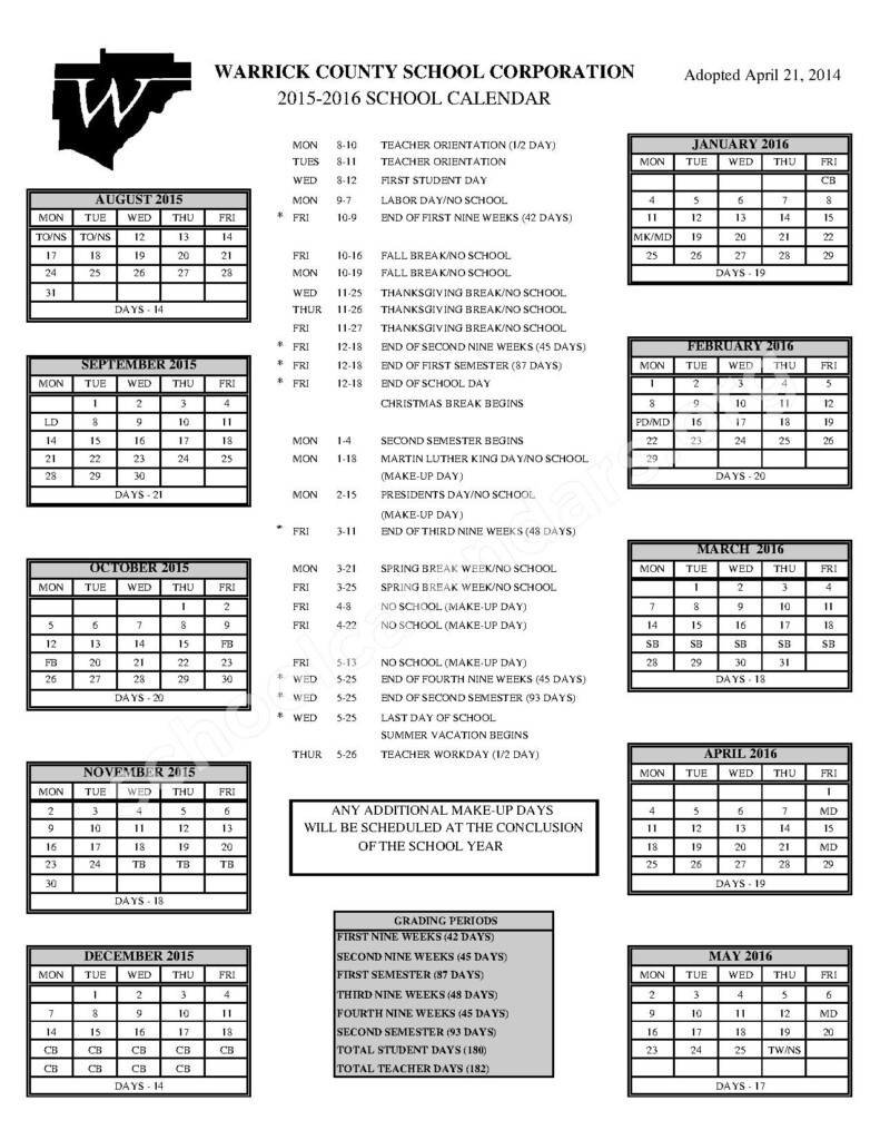 Warrick County School Corporation Calendars Boonville IN