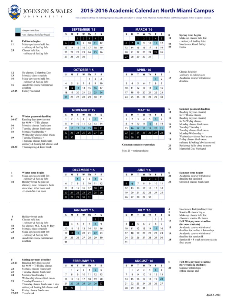 2015 2016 Academic Calendar North Miami Campus