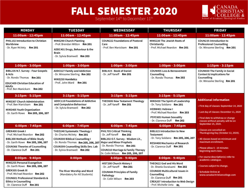 Academic Calendars Canada Christian College Canada Christian College