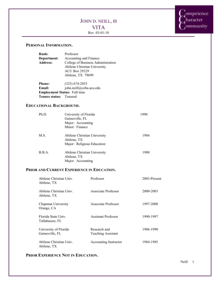 Academic Resume Abilene Christian University