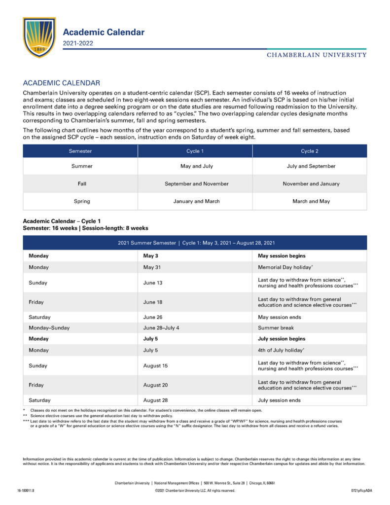 Chamberlain College Of Nursing Academic Calendar MeaningKosh