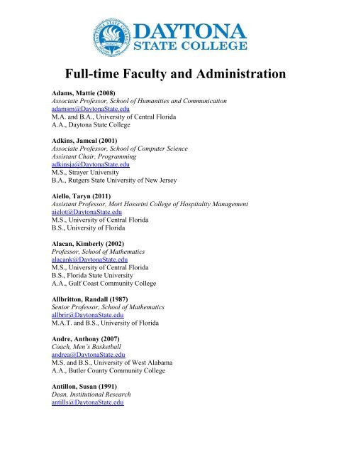 Full time Faculty And Administration Daytona State College