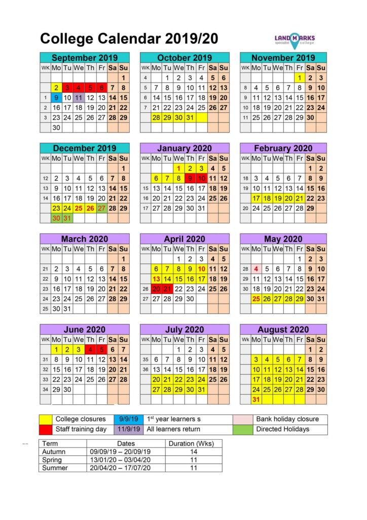 Landmarks Specialist College Academic Calendar 2019 20 UK 