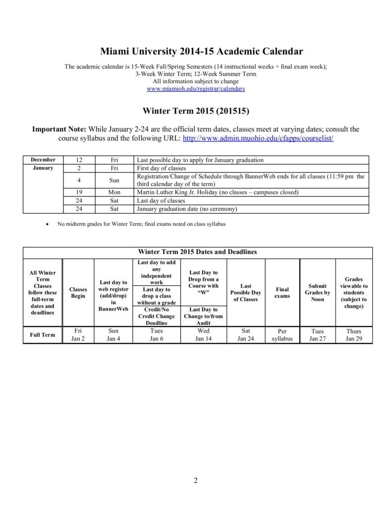 Miami University Ohio Academic Calendar