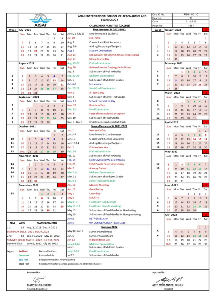School Calendar 22 23 AISAT