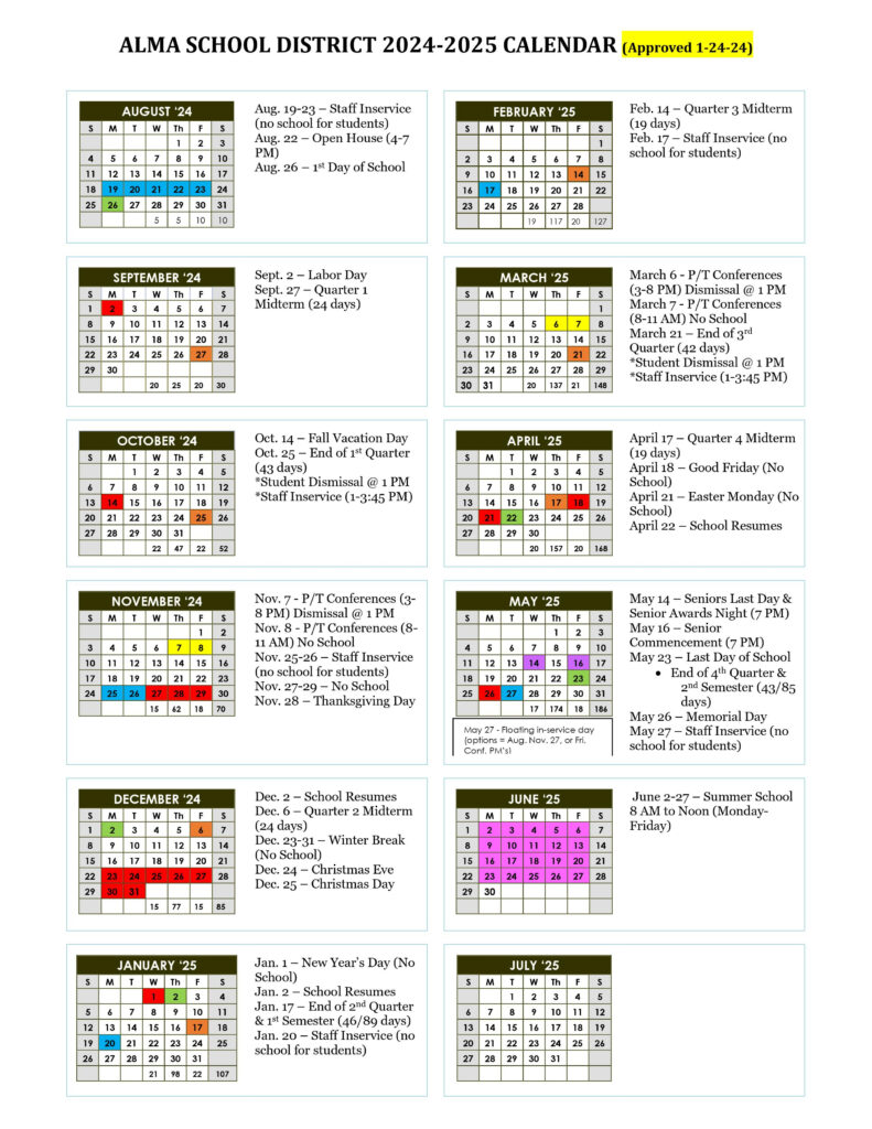 2024 2025 Master Calendar Alma Area Schools