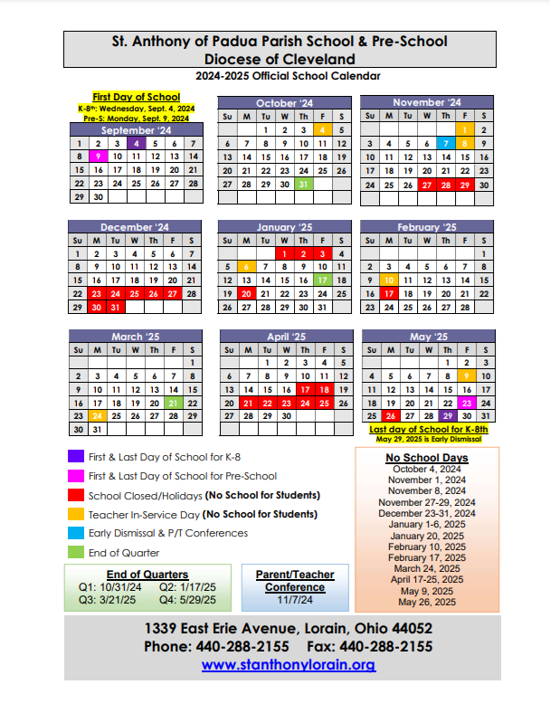 2024 2025 School Calendar St Anthony Of Padua Catholic School 