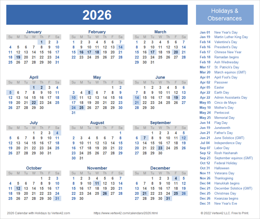 2025 2026 Printable Calendar With Holidays Free Ines Abagail