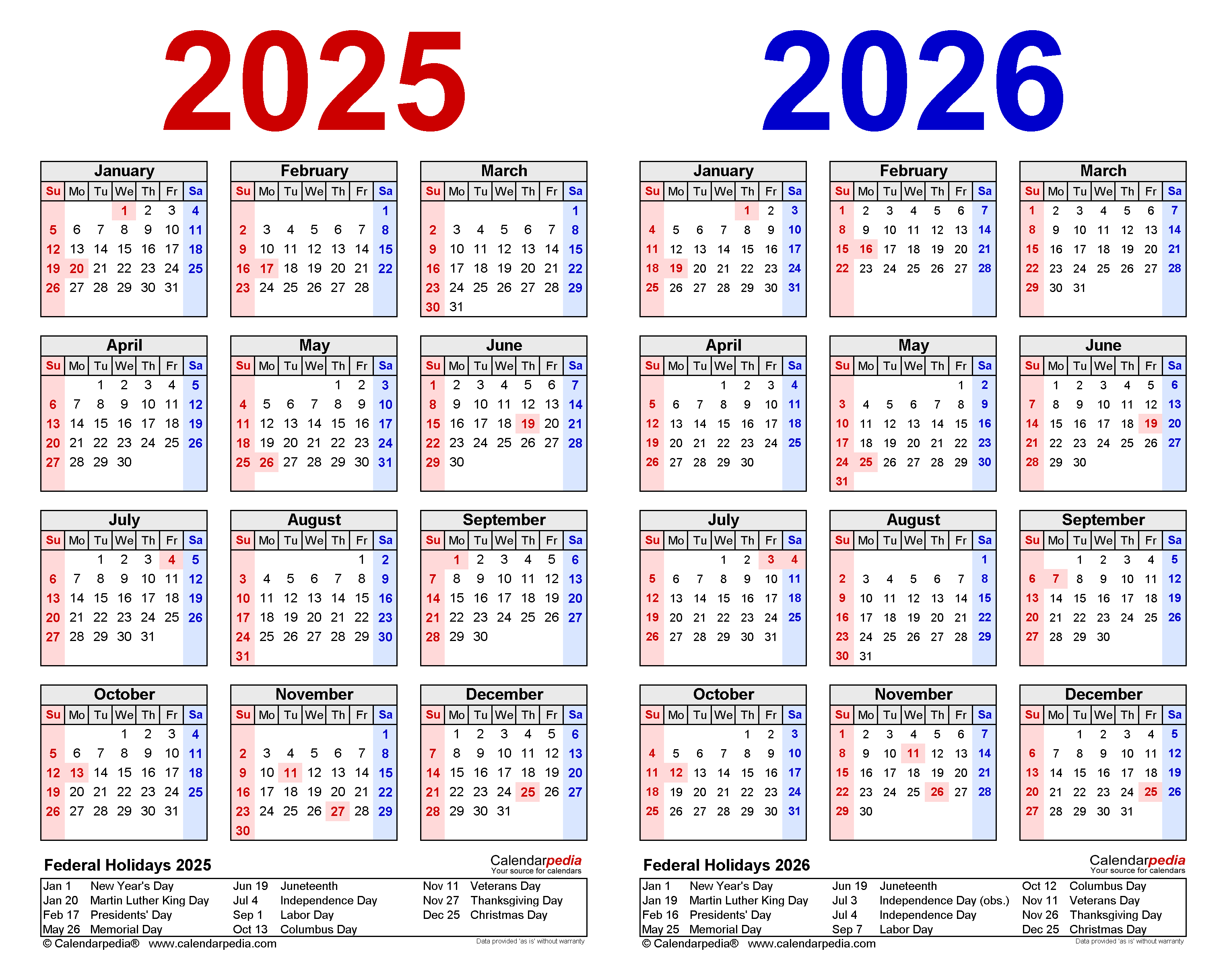 2025 2026 Two Year Calendar Free Printable PDF Templates