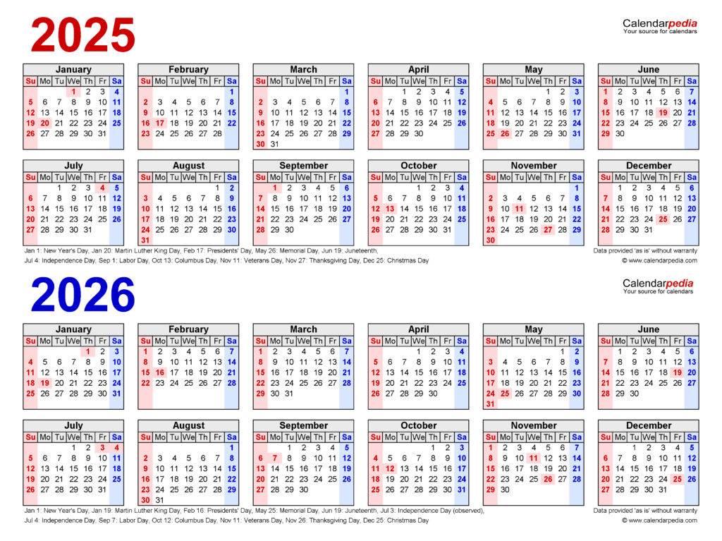 2025 2026 Two Year Calendar Free Printable PDF Templates