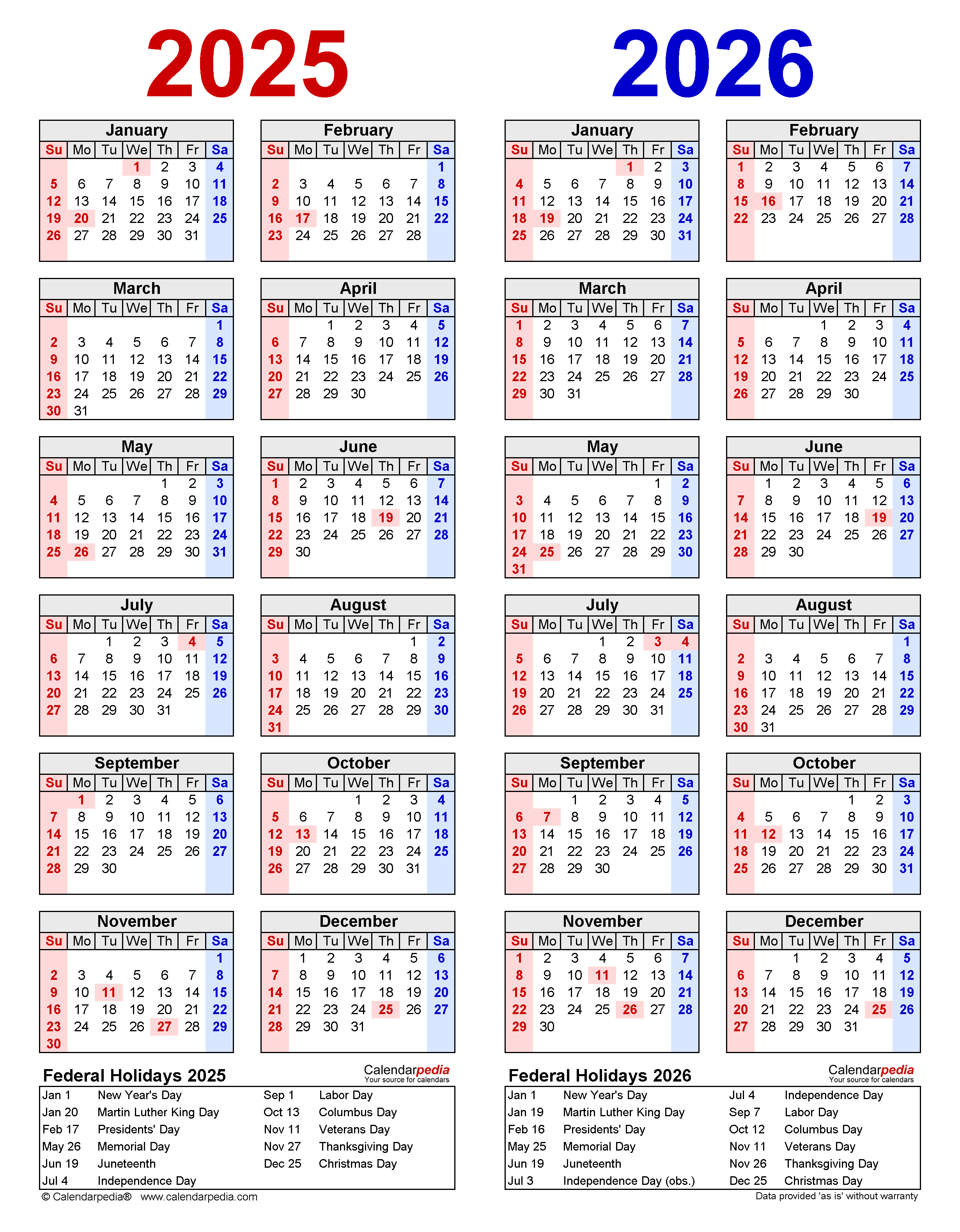 2025 And 2026 Calendar With Holidays Editable Calendar Planner 2025