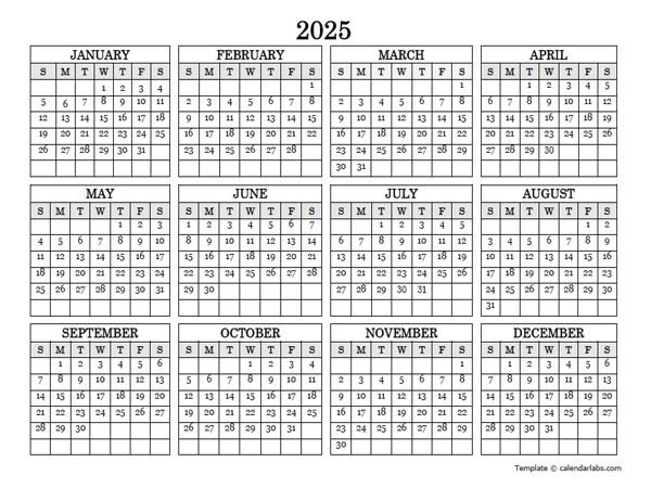 2025 Blank Yearly Calendar Landscape Free Printable Templates