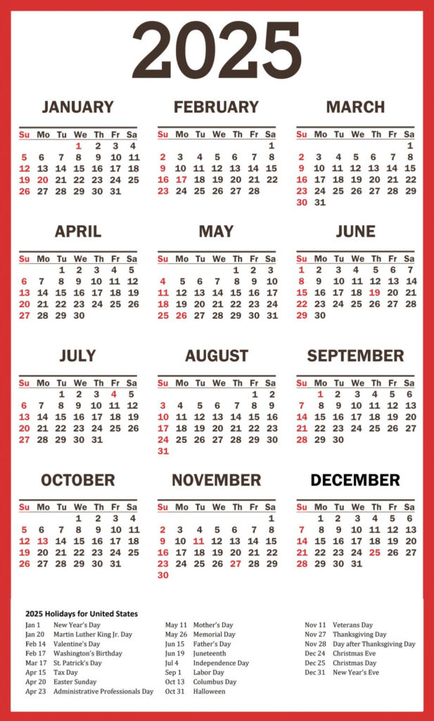 2025 Calendar With Holidays Printable And Free Download Pretty Designs