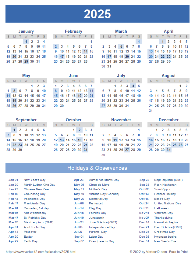 2025 Calendar With Holidays Printable Free