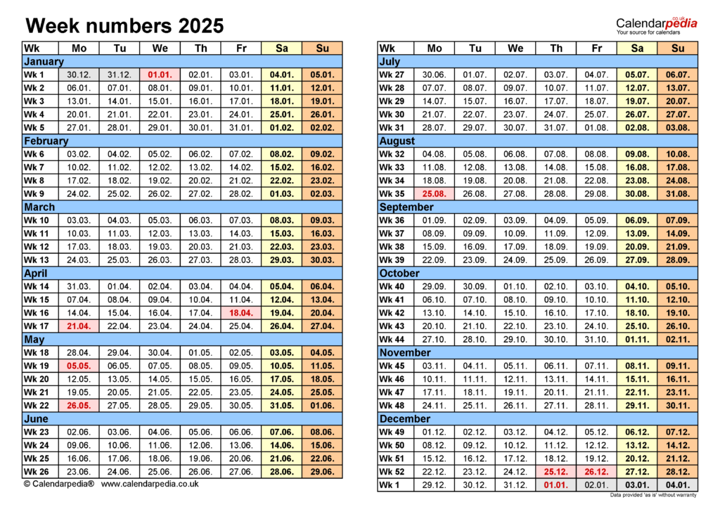 2025 Calendar With Week Numbers