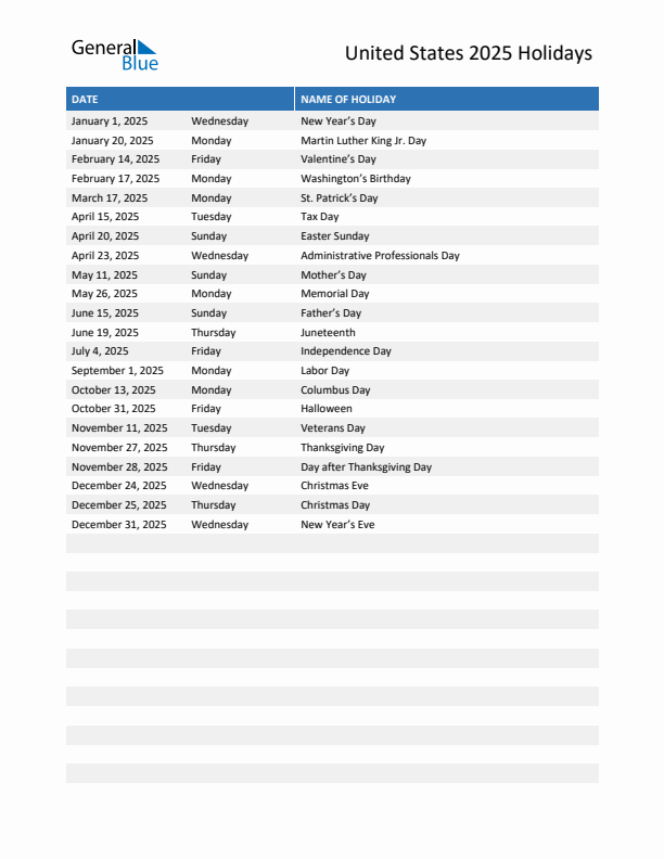 2025 EY US Holiday Calendar Excel Calendar 2025 Download