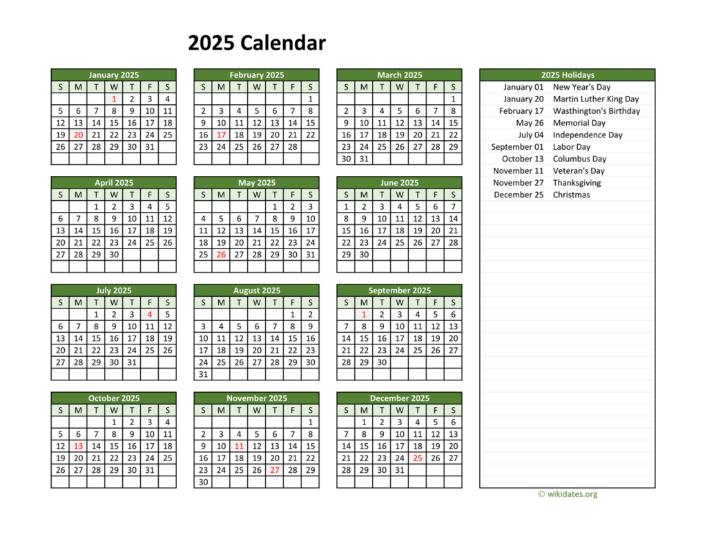 2025 Federal Holiday Calendar Excel Template Bibi Marlee