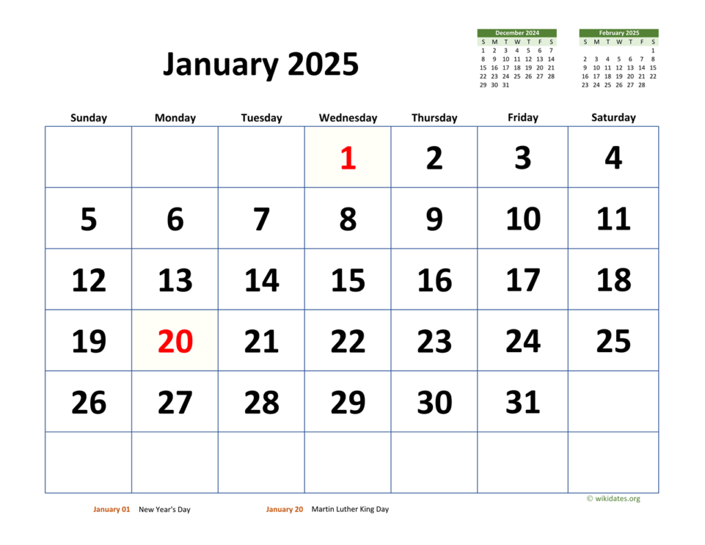 2025 January Calendar Big Numbers 2025 December Ruby Willie