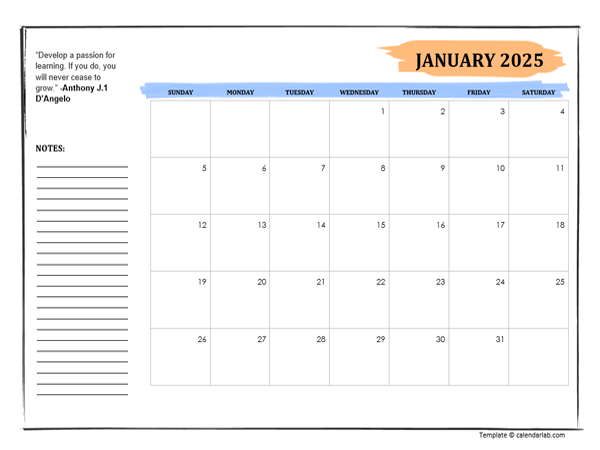 2025 Student Calendar With Note Space Free Printable Templates