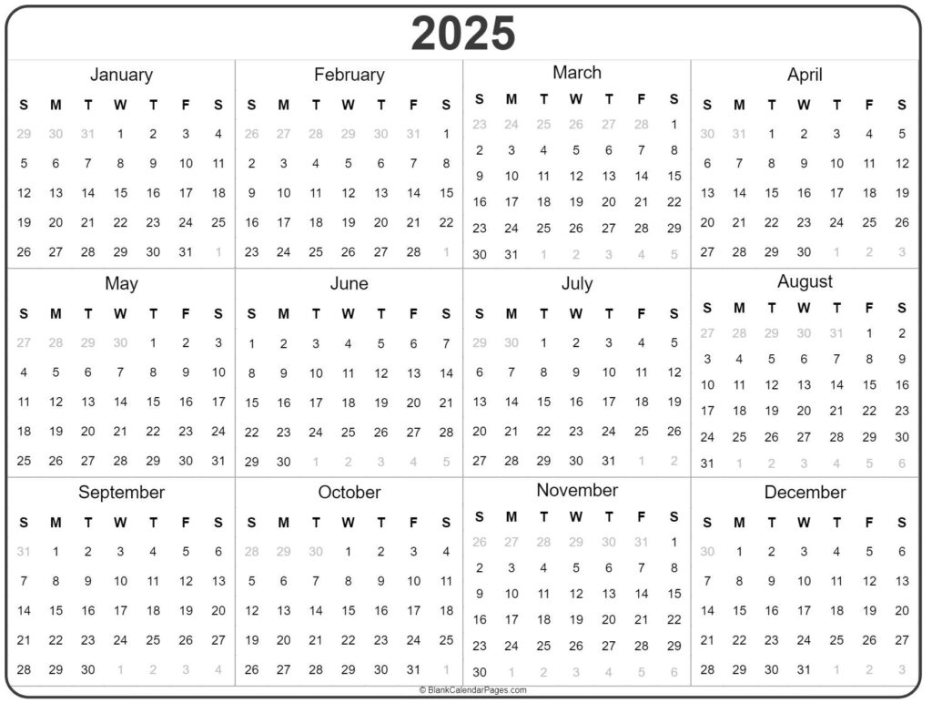 2025 Year Calendar Yearly Printable