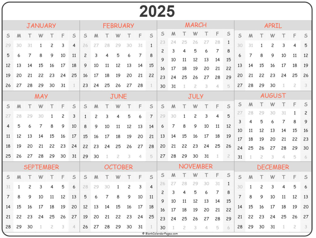 2025 Year Calendar Yearly Printable