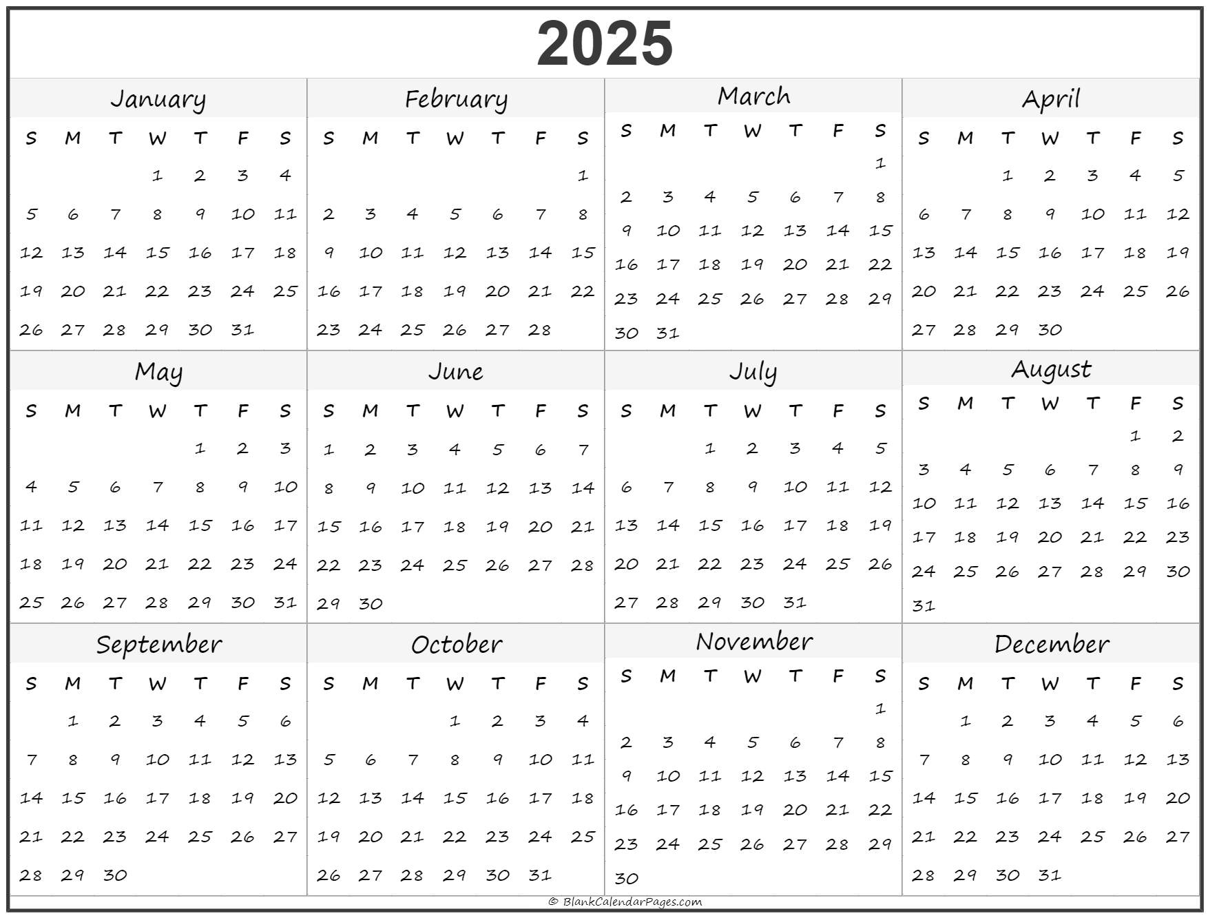 2025 Year Calendar Yearly Printable