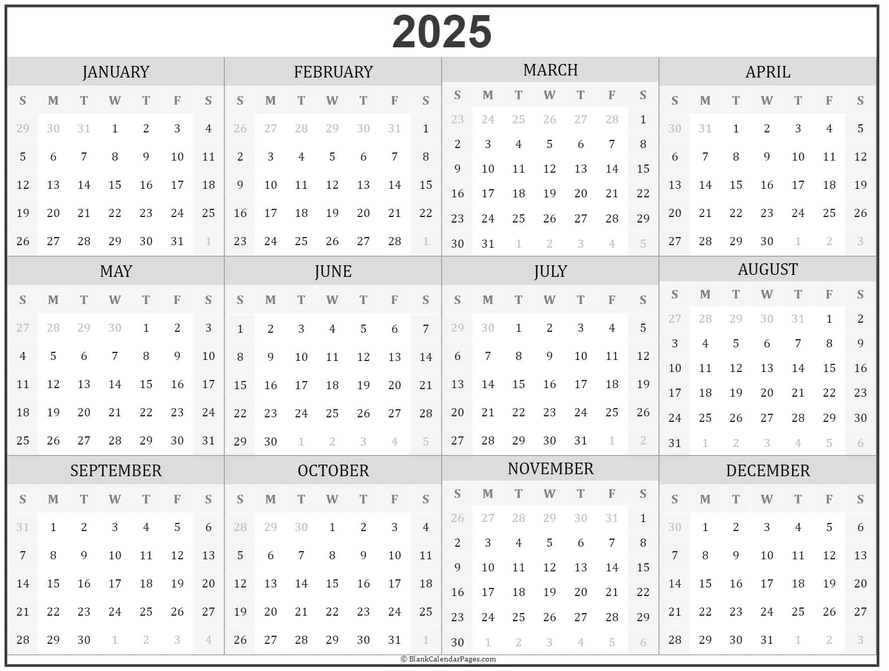 2025 Year Calendar Yearly Printable