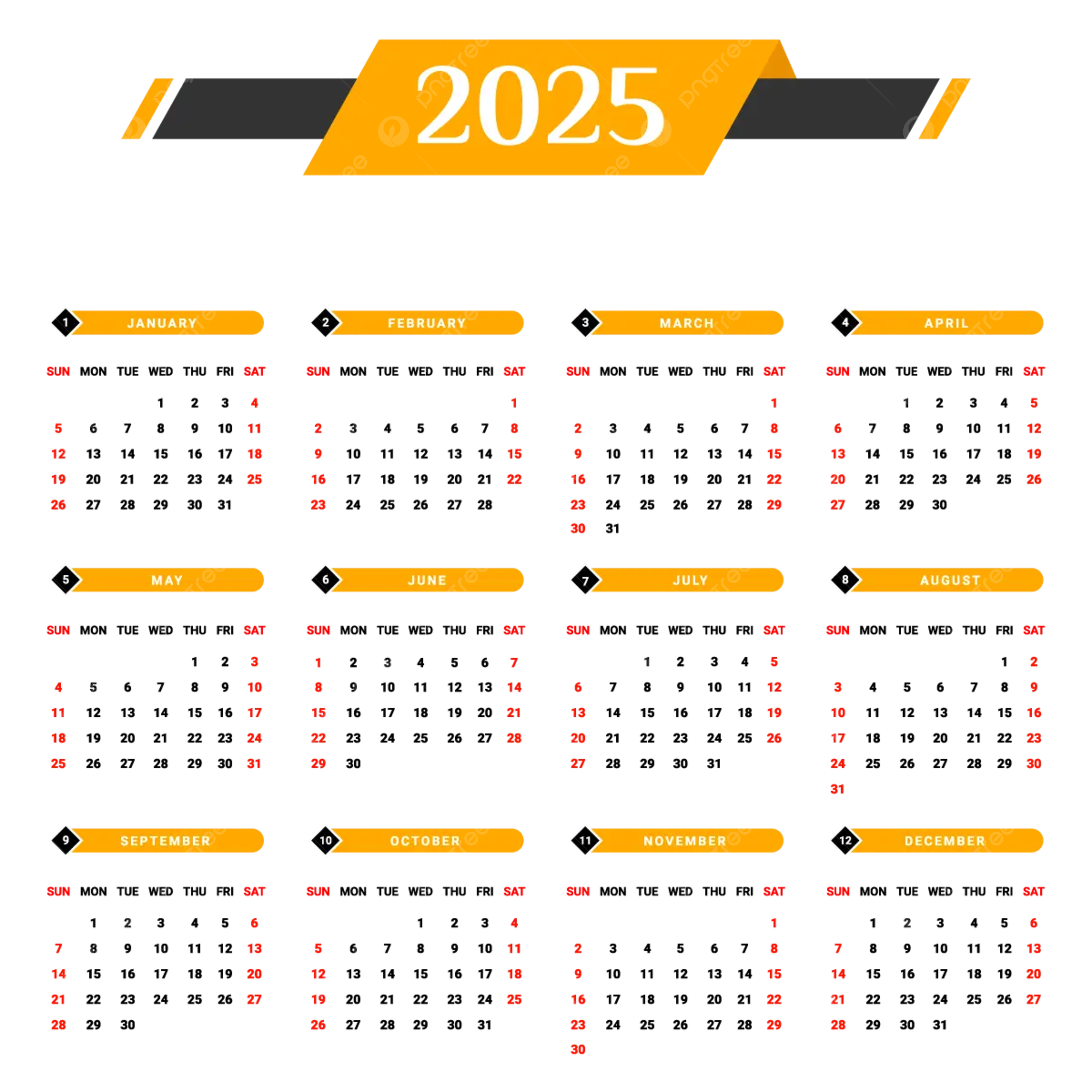 2025 Yellow And Black Calendar With Unique Design Vector Calendar