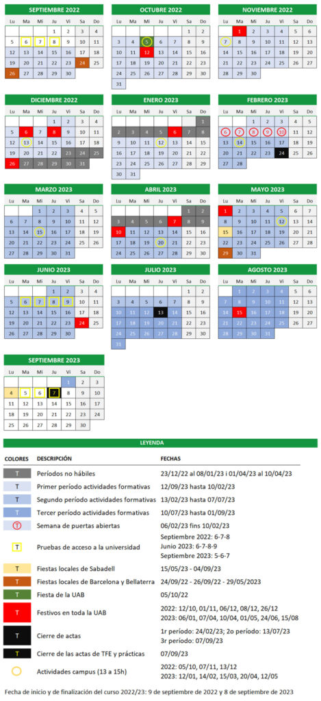 Academic Calendar Universitat Aut Noma De Barcelona UAB Barcelona 