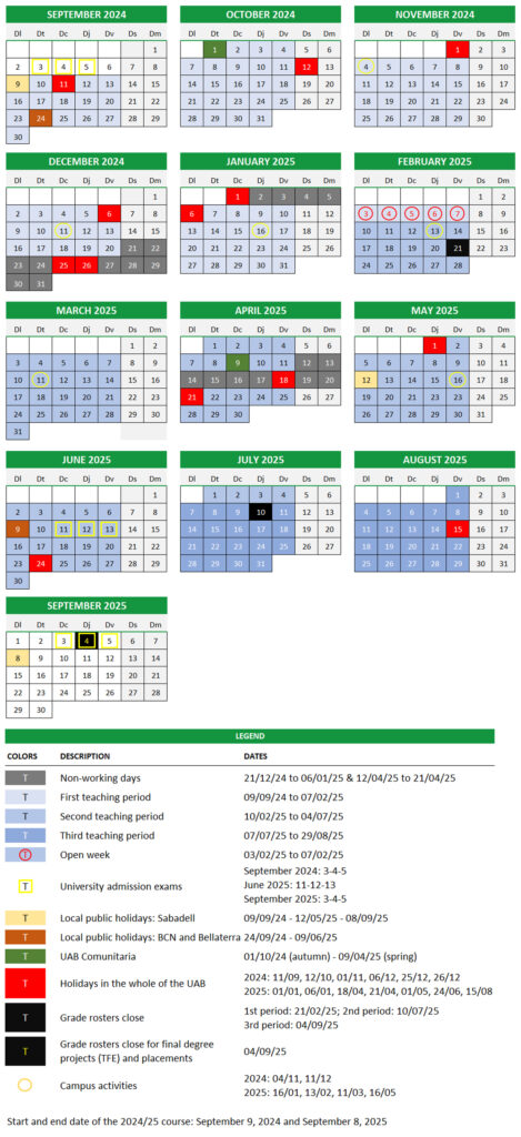 Academic Calendar Universitat Aut noma De Barcelona UAB Barcelona