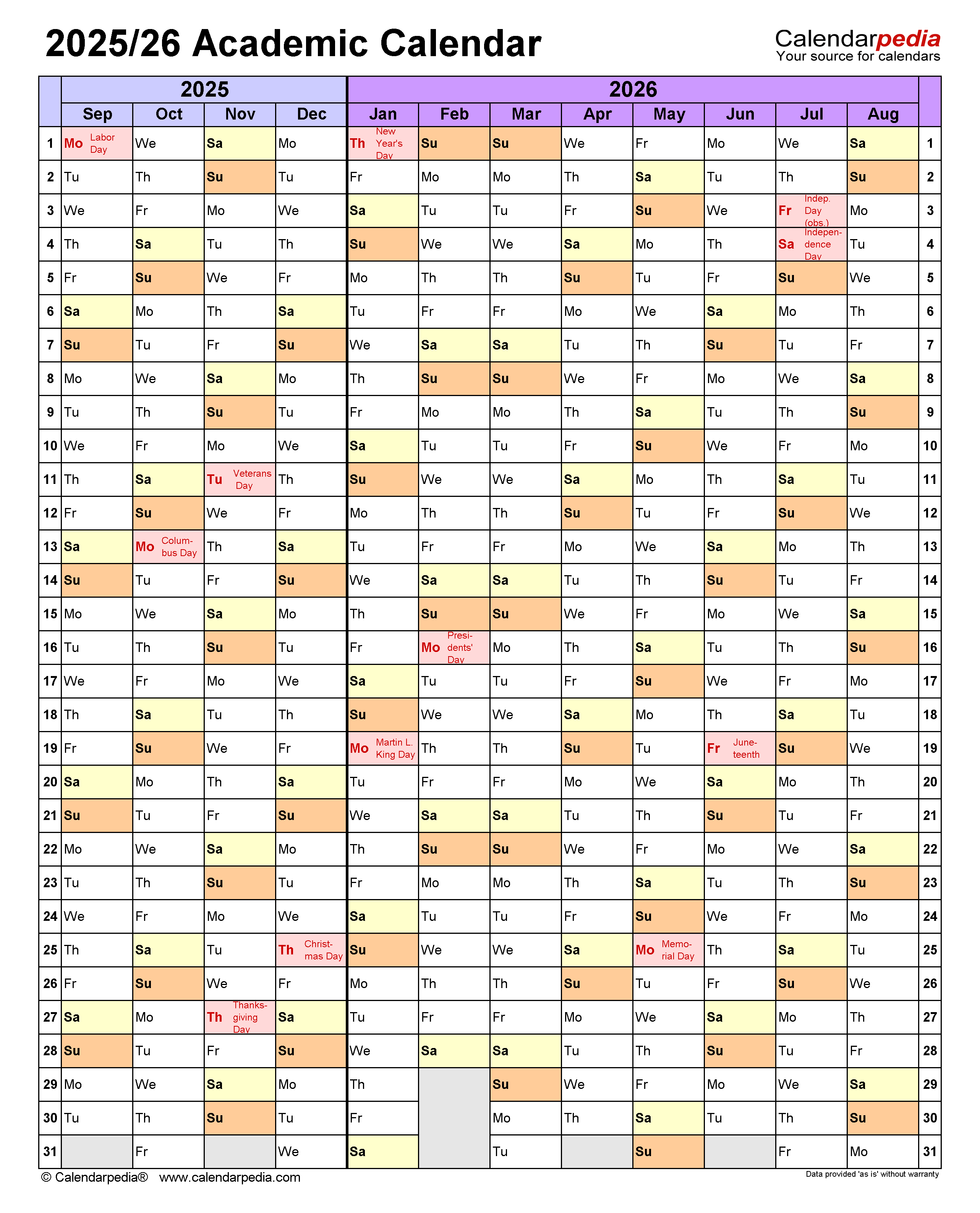 Academic Calendars 2025 2026 Free Printable PDF Templates