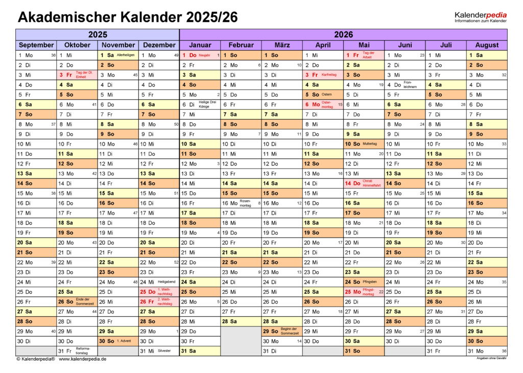 Akademischer Kalender 2025 2026 Als Excel Vorlagen