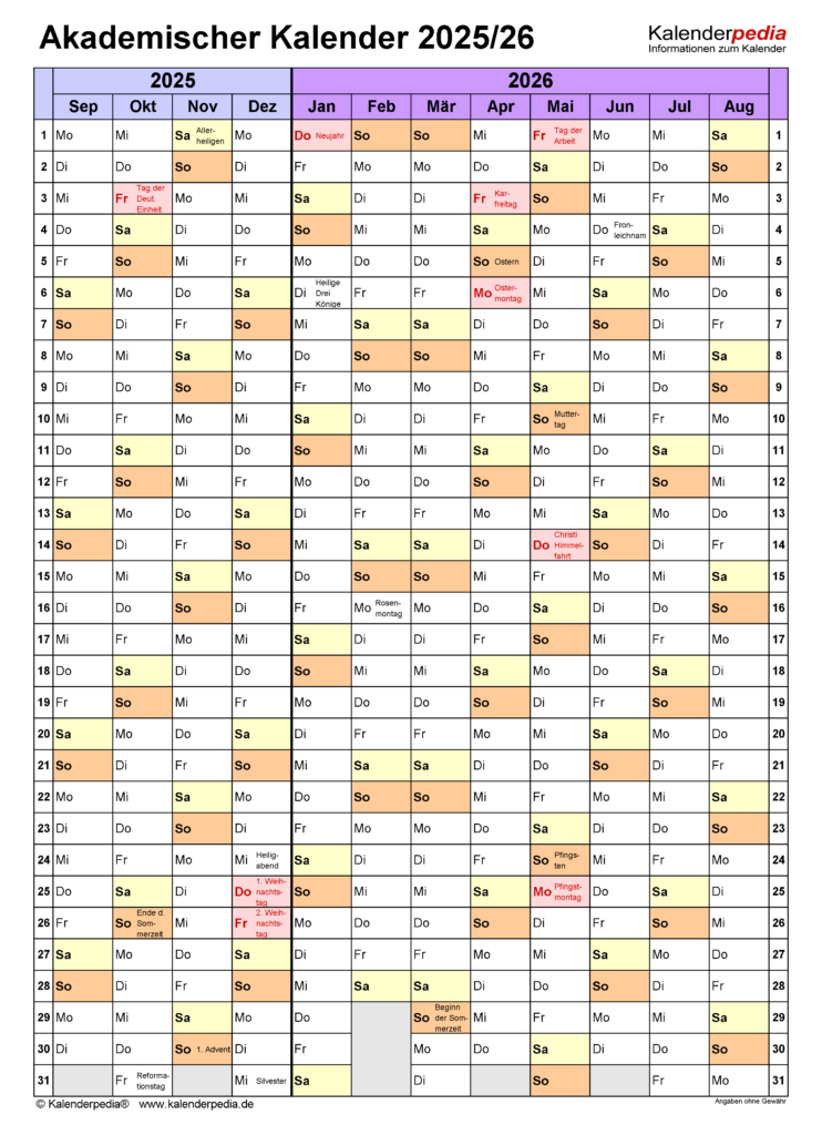 Akademischer Kalender 2025 2026 Als PDF Vorlagen