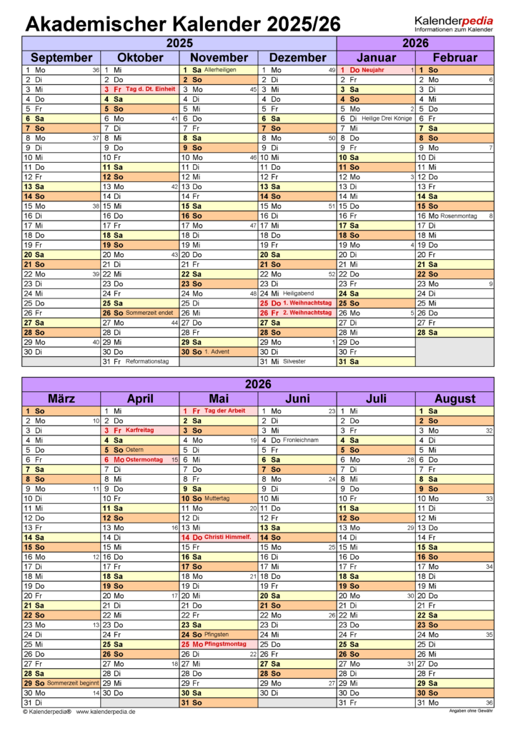 Akademischer Kalender 2025 2026 Als PDF Vorlagen