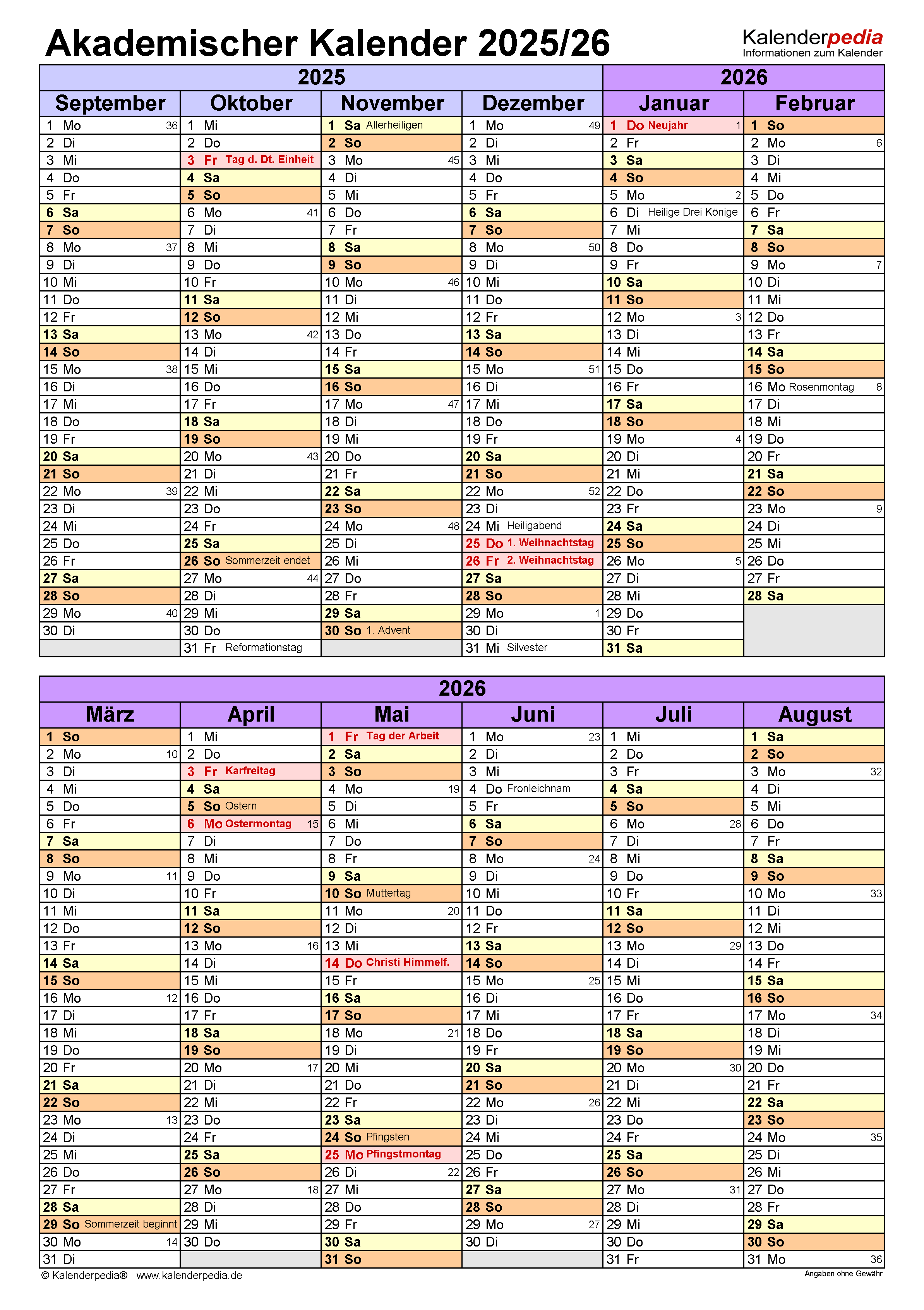 Akademischer Kalender 2025 2026 Als PDF Vorlagen