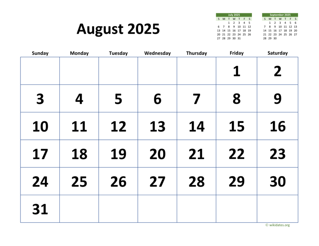 August 2025 Calendar With Extra large Dates WikiDates