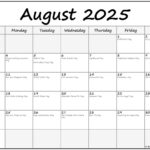 August 2025 With Holidays Calendar