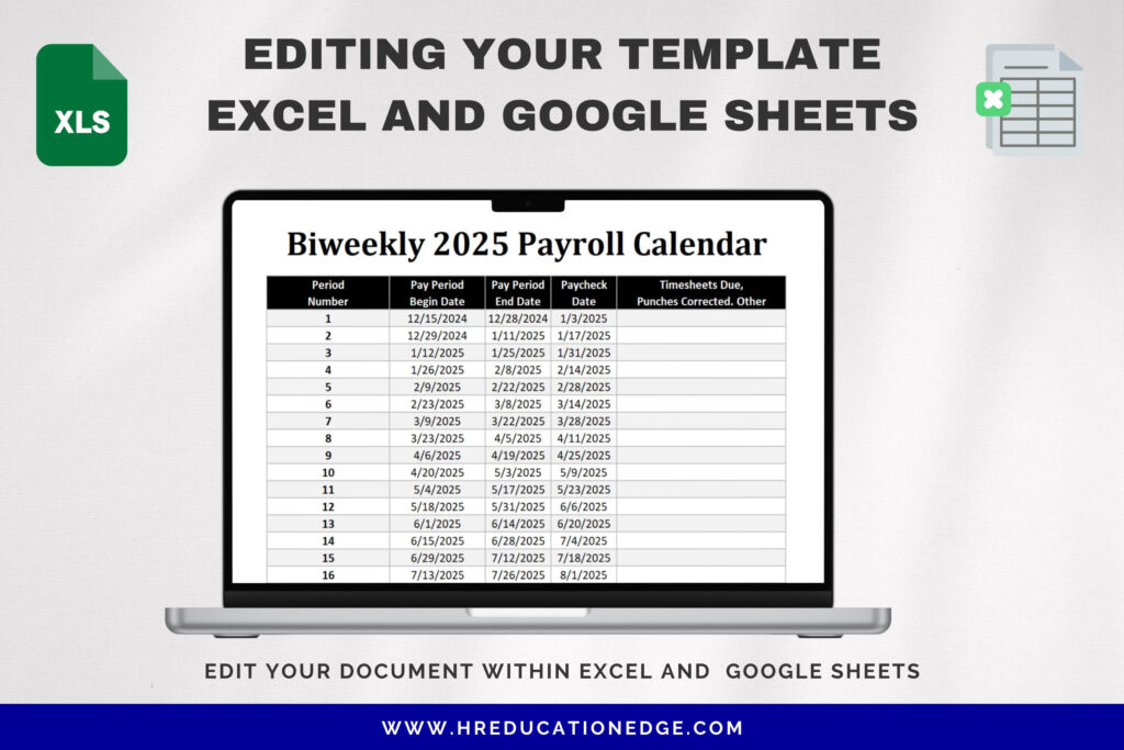 Biweekly Payroll Calendar 2025 MS Editable Word Excel Pay Period Start 