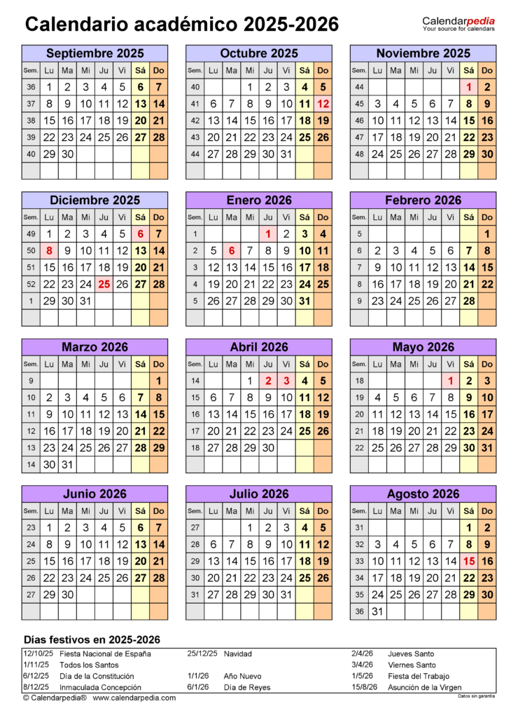 Calendario Acad mico 2025 2026 En Word Excel Y PDF